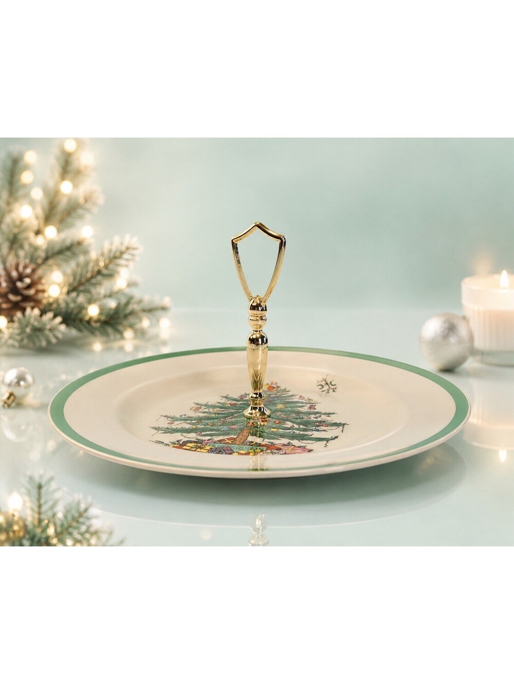 Spode England 1980s Christmas Tree Tidbit Tray With Box, 10.5x5”